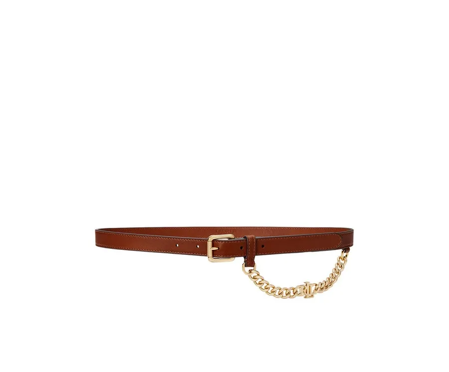 obrazek 1 LAUREN RALPH LAUREN Pasek Damski Logo-Chain Leather Skinny Belt 412968767001 Brązowy