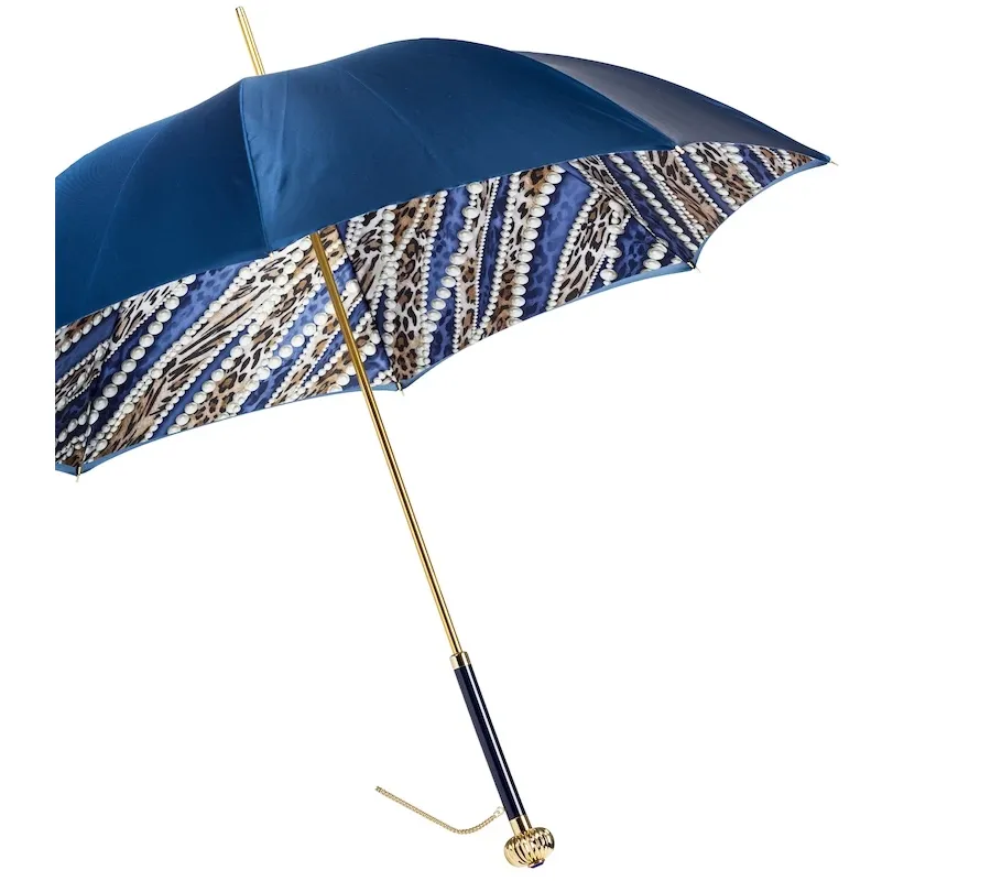 obrazek 8 Luksusowy granatowy parasol damski zdobiony wzorem z perłami i skórą geparda - Pasotti