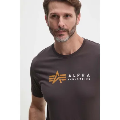Zdjęcie Alpha Industries t-shirt bawełniany Label męski kolor brązowy z nadrukiem 118502