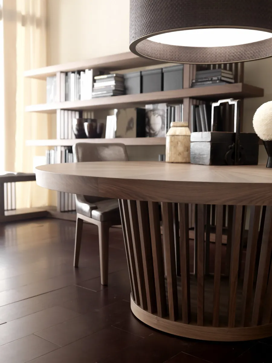 obrazek 2 Okrągły stół z litego orzecha z drewnianą lub skórzaną krawędzią - Ulivi Salotti