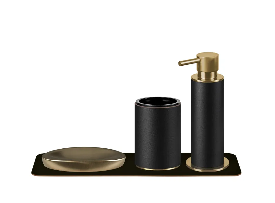 obrazek 3 Złocony dozownik do łazienki Ø7xH19 cm z czarnym skórzanym wykończeniem