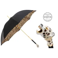 Picture Original black women's umbrella with a beautiful handle decorated with a jaguar head - Pasotti