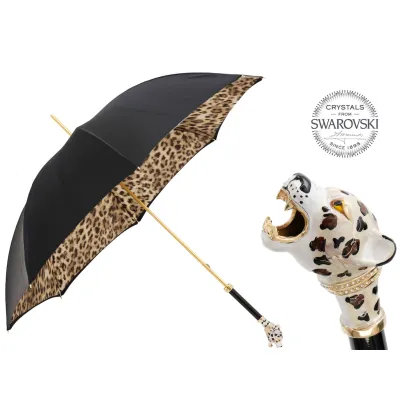 Zdjęcie Oryginalny czarny parasol damski z piękną rączką zdobioną głową jaguara – Pasotti
