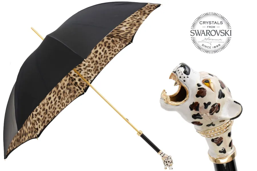 obrazek 1 Oryginalny czarny parasol damski z piękną rączką zdobioną głową jaguara – Pasotti