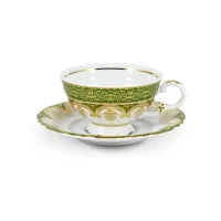 Zdjęcie Piękna bogato zdobiona porcelanowa filiżanka do herbaty ze spodkiem w kolorze zielonym i złotym z kolekcji Castle Sonata – Leander