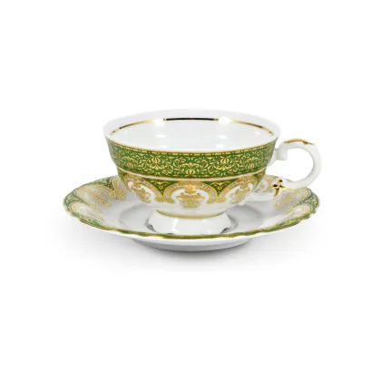 Zdjęcie Piękna bogato zdobiona porcelanowa filiżanka do herbaty ze spodkiem w kolorze zielonym i złotym z kolekcji Castle Sonata – Leander