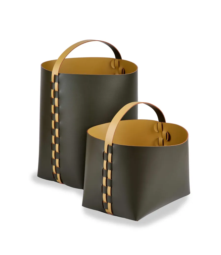obrazek 2 Ciemnooliwkowy skórzany kosz Helena 35x30xH45 cm