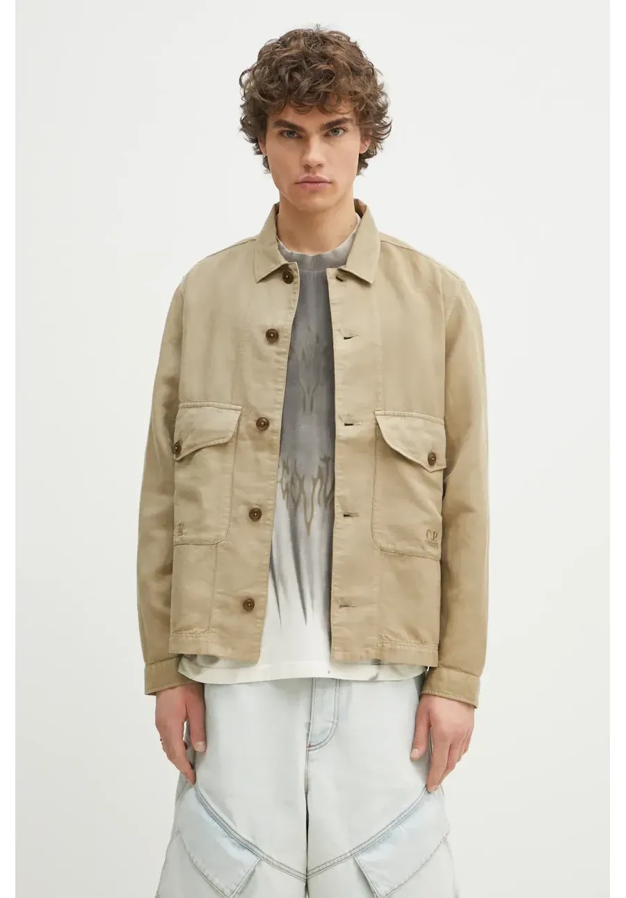 obrazek 1 C.P. Company koszula z domieszką lnu męska kolor zielony regular z kołnierzykiem klasycznym 18CMOS242A006501G