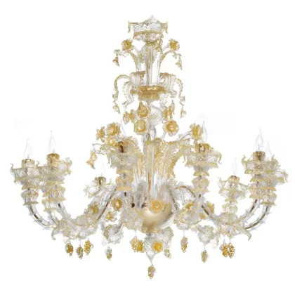 Zdjęcie Stylowy przezroczysty żyrandol ze szkła Murano ze złotą dekoracją - Il Paralume Marina