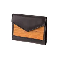 Picture A unique women's purse made of smooth black leather and natural Amazaque wood