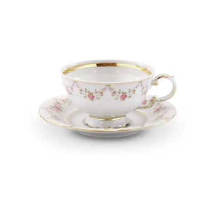 Zdjęcie Elegancka porcelanowa filiżanka do herbaty ze spodkiem zdobiona girlandami z róż – Leander