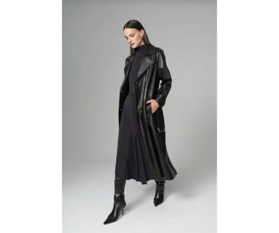 obrazek 5 Elegancki trencz oversize ze skóry naturalnej
