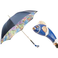 Picture Original navy blue women's umbrella decorated with a plant motif with a fish-shaped handle - Pasotti