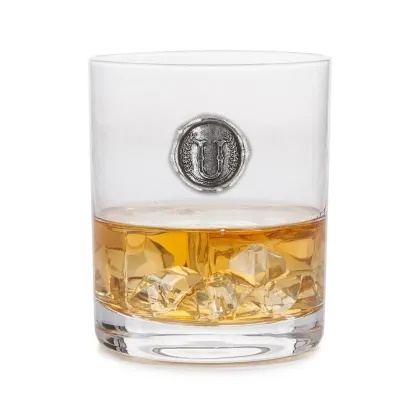 Zdjęcie Szklanka do whisky z cynowym emblematem z literą „U” – stylowy prezent