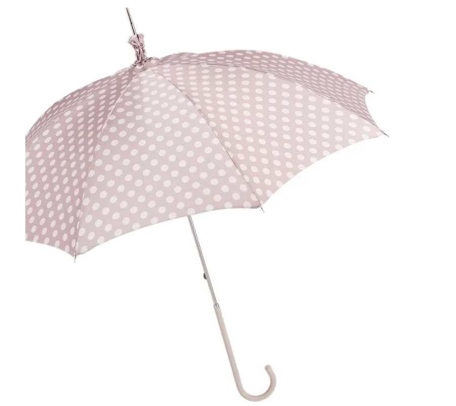 obrazek 8 Wyjątkowy jasnobrązowy parasol damski w białe kropki ze skórzaną rączką - Pasotti