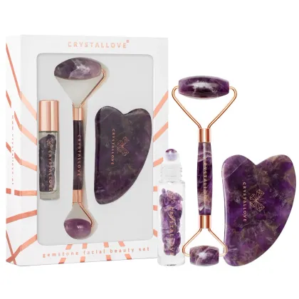 Zdjęcie Crystallove Amethyst Beauty Set (Masażer do twarzy + Płytka Gua Sha + Buteleczka Roll-On)