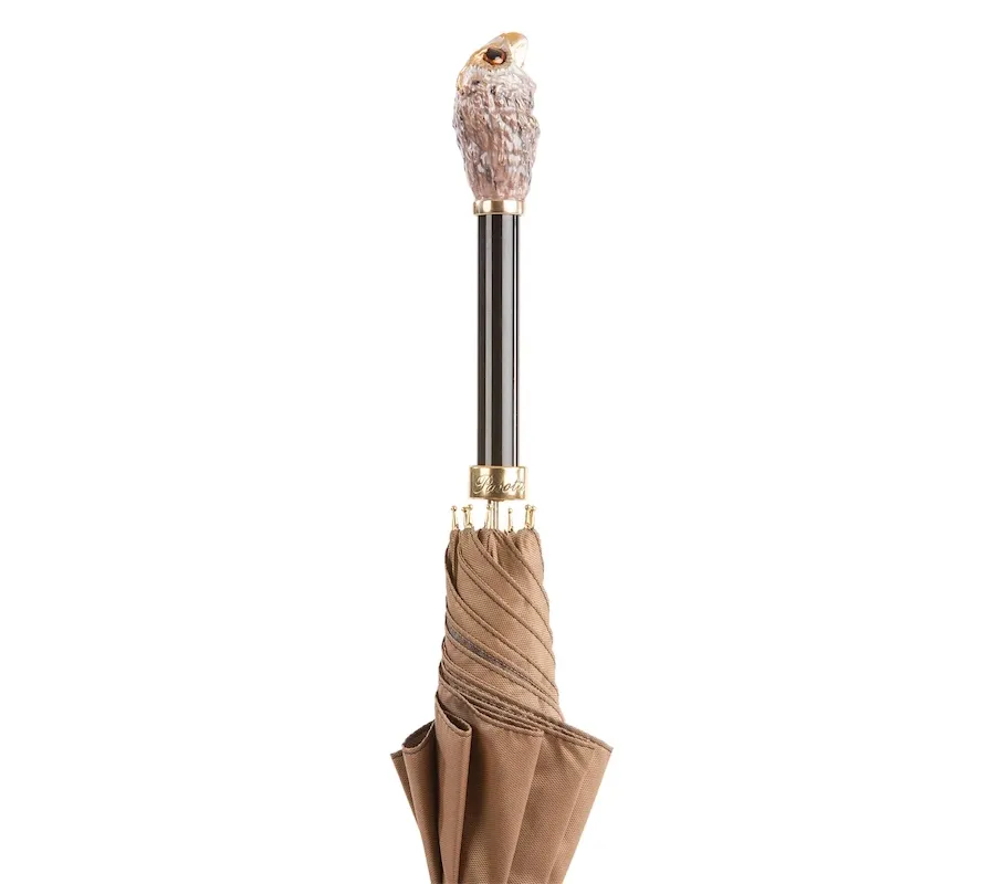 obrazek 7 Stylowy beżowy parasol męski z rączką w kształcie sowy – Pasotti