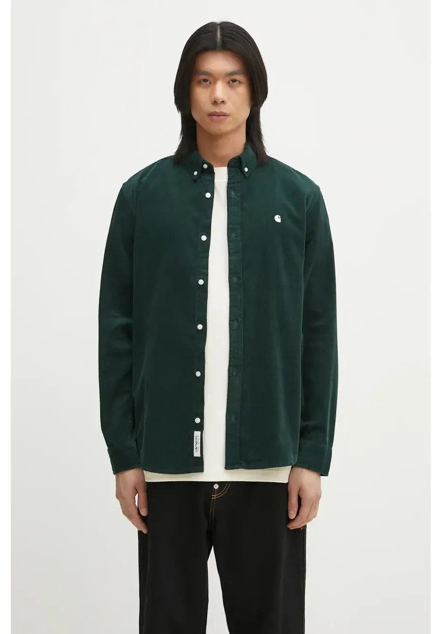 obrazek 1 Carhartt WIP koszula bawełniana L/S Madison Fine Cord Shirt męska kolor zielony regular z kołnierzykiem klasycznym I030580.2VOXX