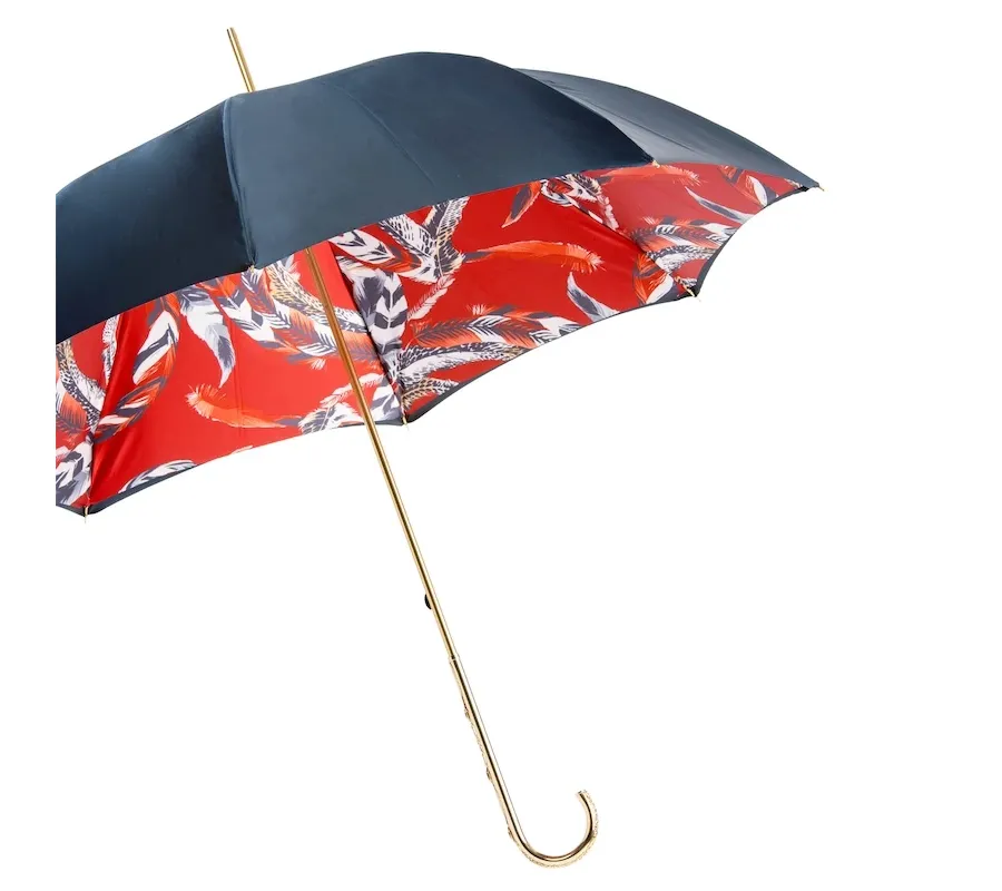obrazek 8 Stylowy czarny parasol damski zdobiony motywem piór na czerwonym tle – Pasotti