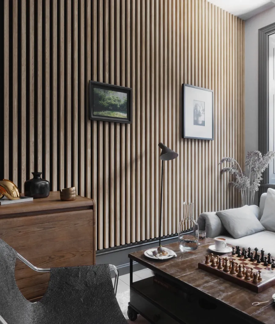 obrazek 1 275x48x5,9 cm LD (8 lameli dąb Sonoma) panel akustyczny na płycie MDF 19 mm - dekoracja ścienna 3D
