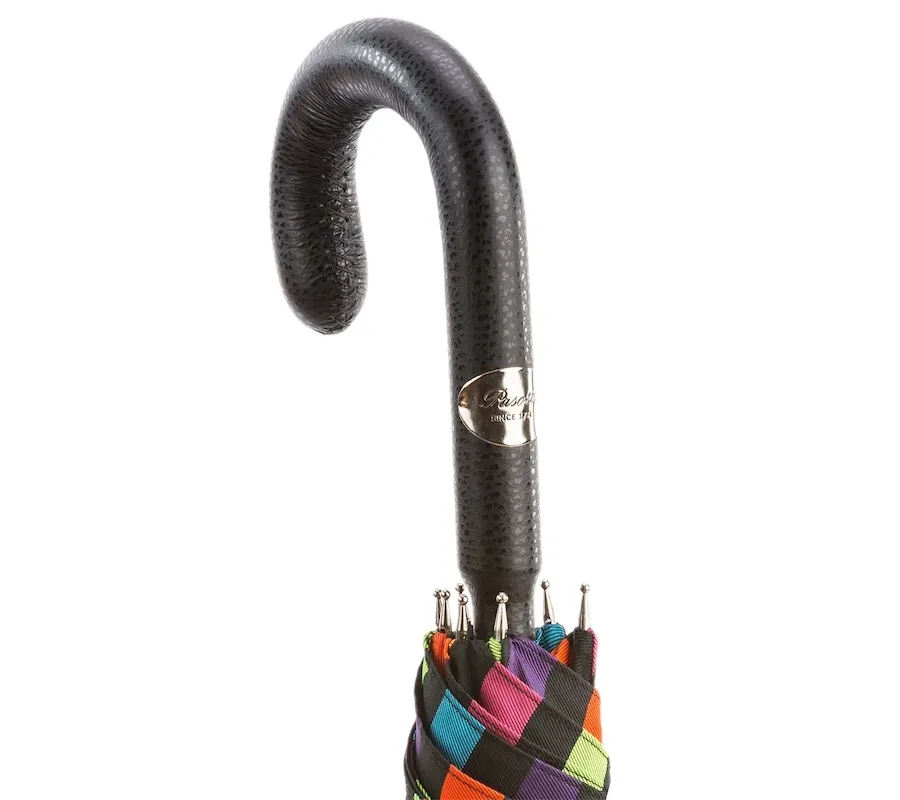 obrazek 6 Stylowy parasol męski w wielokolorowe pionowe pasy ze skórzaną rączką – Pasotti