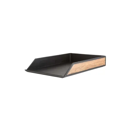 Picture Elegant document tray made of leather and natural Amazaque wood