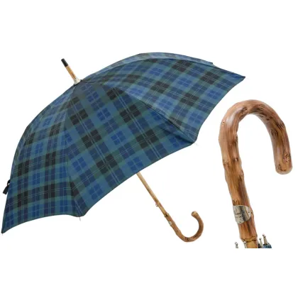 Picture A unique navy blue checkered men's umbrella with a wooden handle - Pasotti