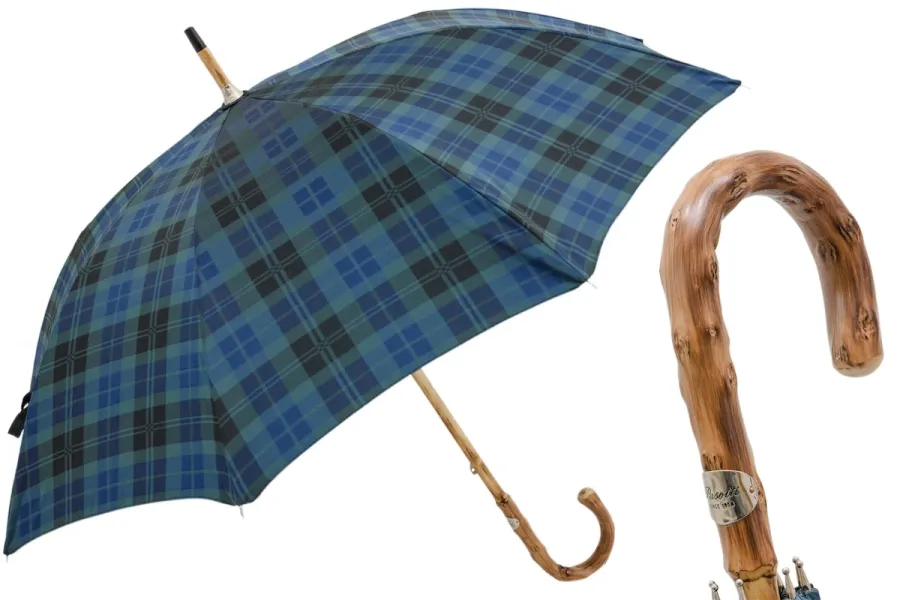 obrazek 1 Wyjątkowy granatowy parasol męski w kratę z drewnianą rączką - Pasotti