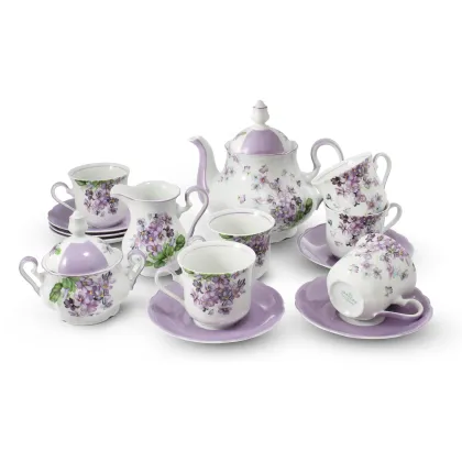 Zdjęcie Ekskluzywny 15-elementowy zestaw do herbaty zdobiony małymi kwiatami fiołków – Leander