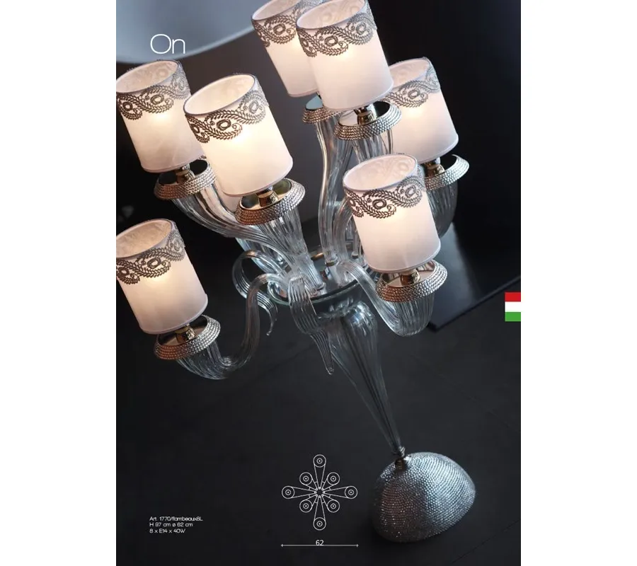 obrazek 1 Lampa stołowa z ośmioma światłami ze szkła Murano z mosiężnymi elementami inkrustowanymi kryształkami strass Swarovski - Il Paralume Marina