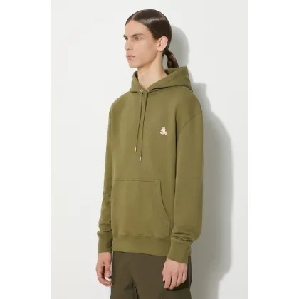 Zdjęcie Maison Kitsuné bluza bawełniana Chillax Patch Regular Hoodie męska kolor zielony z kapturem z aplikacją LM00706KM0001