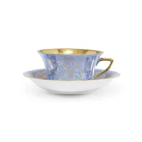 Zdjęcie Filiżanka do herbaty Windsor ze spodkiem z porcelany w kolorze niebieskim zdobiona złotymi kwiatami – Leander