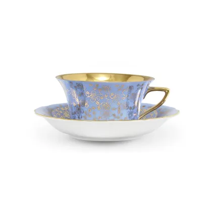 Zdjęcie Filiżanka do herbaty Windsor ze spodkiem z porcelany w kolorze niebieskim zdobiona złotymi kwiatami – Leander