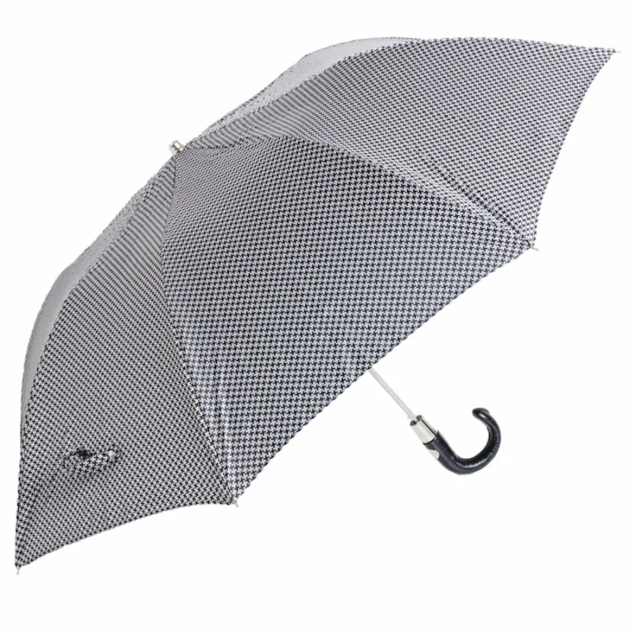 obrazek 7 Wyjątkowy parasol męski w czarno biały drobny wzór ze skórzaną czarną rączką - Pasotti