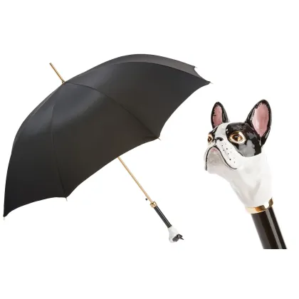 Picture Prestigious black men's umbrella with a handle in the shape of a French bulldog's head - Pasotti