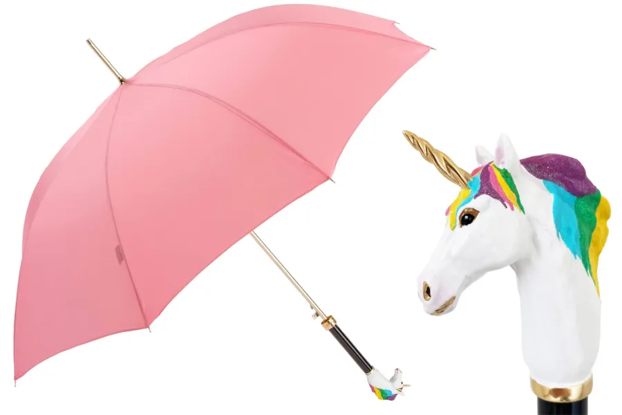 obrazek 1 Stylowy różowy parasol damski z rączką zdobioną głową jednorożca – Pasotti