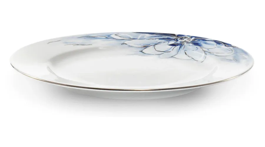 obrazek 2 Płaski duży porcelanowy talerz malowany w kwiaty kobaltem i platyną – Rudolf Kampf