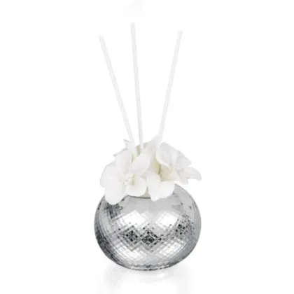 Picture A beautiful silver air freshener in the shape of a ball with wild roses