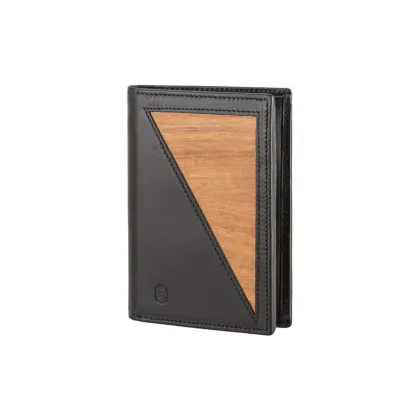 Picture Stylish men's wallet made of smooth black leather and natural Amazaque wood