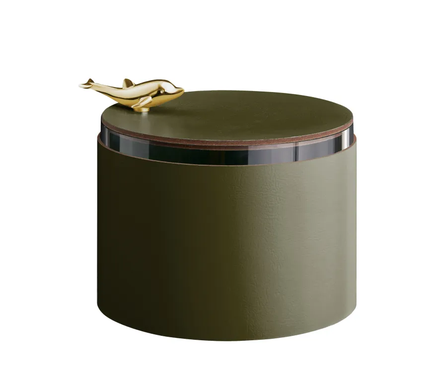 obrazek 1 Ciemnooliwkowe pudełko Ø15xH10 cm zdobione delfinem