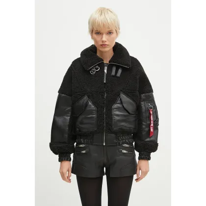 Zdjęcie Alpha Industries kurtka Teddy PU Bomber damska kolor czarny przejściowa oversize 148001