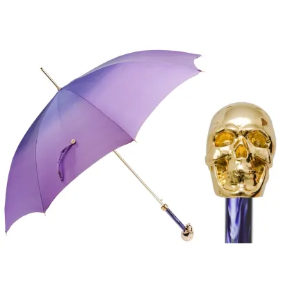Zdjęcie Oryginalny fioletowy parasol damski z rączką zdobioną złotą czaszką – Pasotti