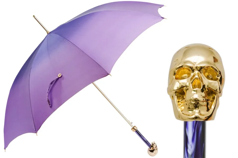 obrazek 1 Oryginalny fioletowy parasol damski z rączką zdobioną złotą czaszką – Pasotti