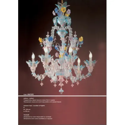 Zdjęcie Luksusowy przezroczysty żyrandol z sześcioma światłami z różowo-niebieskimi ozdobami i wklejanymi kwiatami - Il Paralume Marina