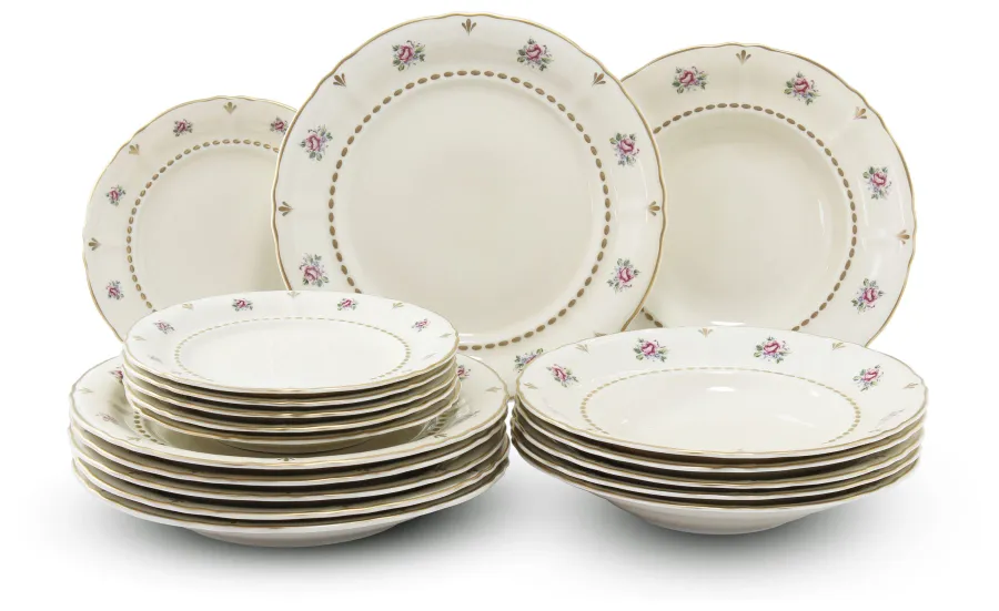 obrazek 1 Stylowy 18-elementowy zestaw talerzy z porcelany z klasycznej kolekcji Bohemian rose ivory – Leander