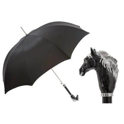 Picture Stylish black men's umbrella with a handle in the shape of a horse's head - Pasotti