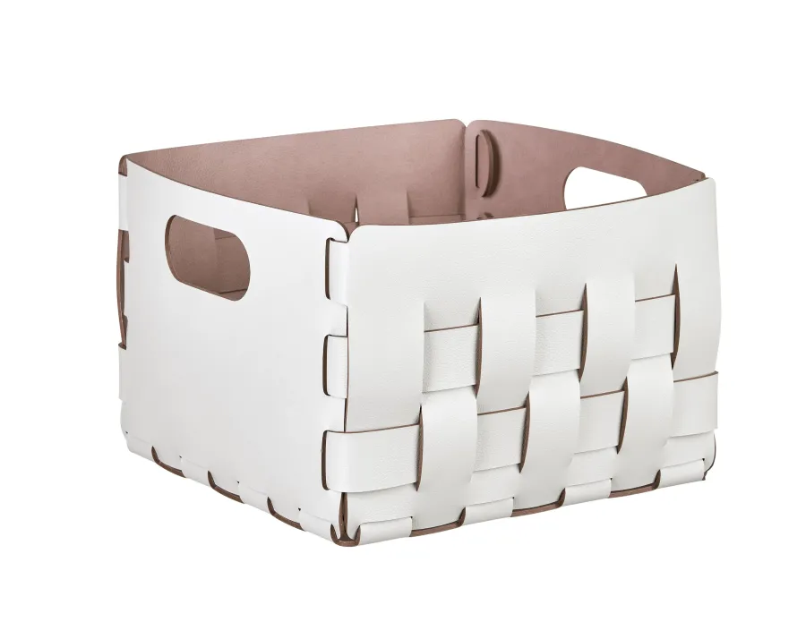 obrazek 1 Stylowy kosz Bottega 25x25xH20 cm wykonany ze skóry w kolorze perłowym
