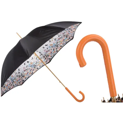 Zdjęcie Piękny czarny parasol damski zdobiony motywem motyli z pomarańczową skórzaną rączką – Pasotti