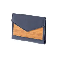 Picture Luxurious women's purse made of smooth navy blue leather and natural Amazaque wood