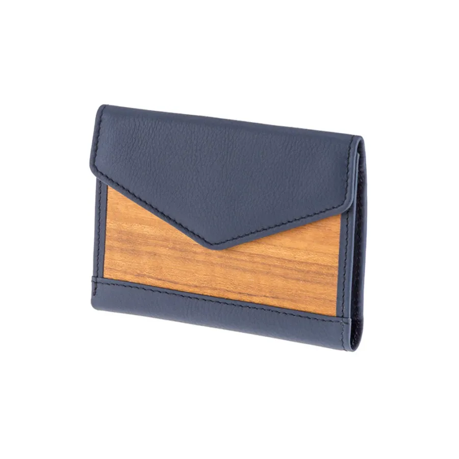 obrazek 1 Luksusowa portmonetka damska z gładkiej skóry w kolorze navy blue i naturalnego drewna Amazaque